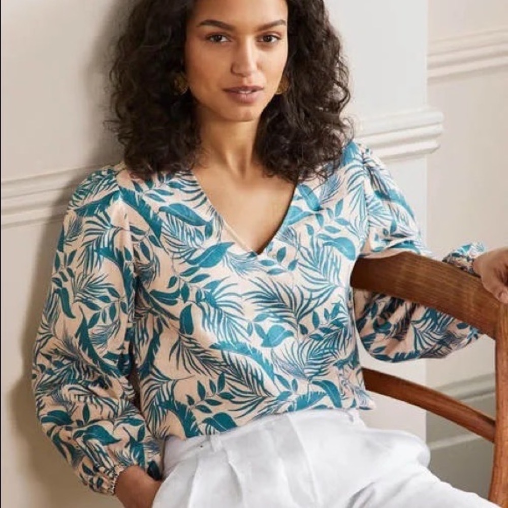 Boden Linen Long Sleeve V Neck Blouse Pink Tropical Foliage Sz 16